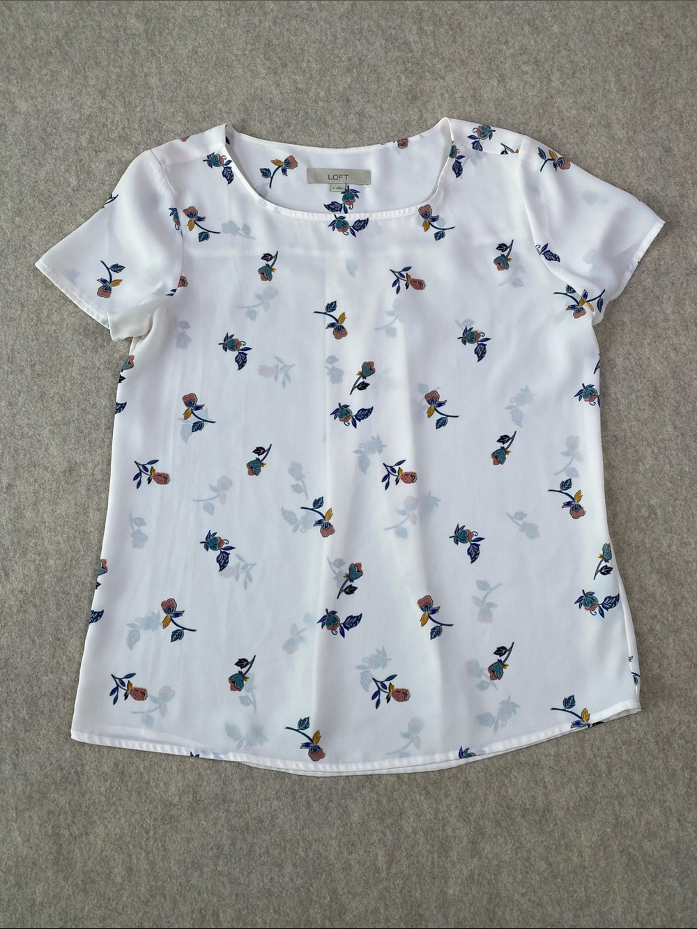 LOFT Cottagecore Ditsy Floral Short Sleeve Blouse White Blue Pink S